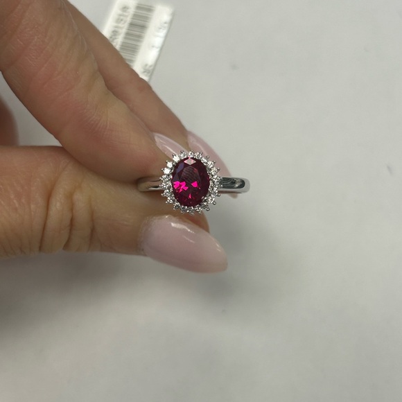 Suzy Levian Sterling Silver Oval Cut Red CZ & White CZ Halo Ring NWT - Picture 7 of 7